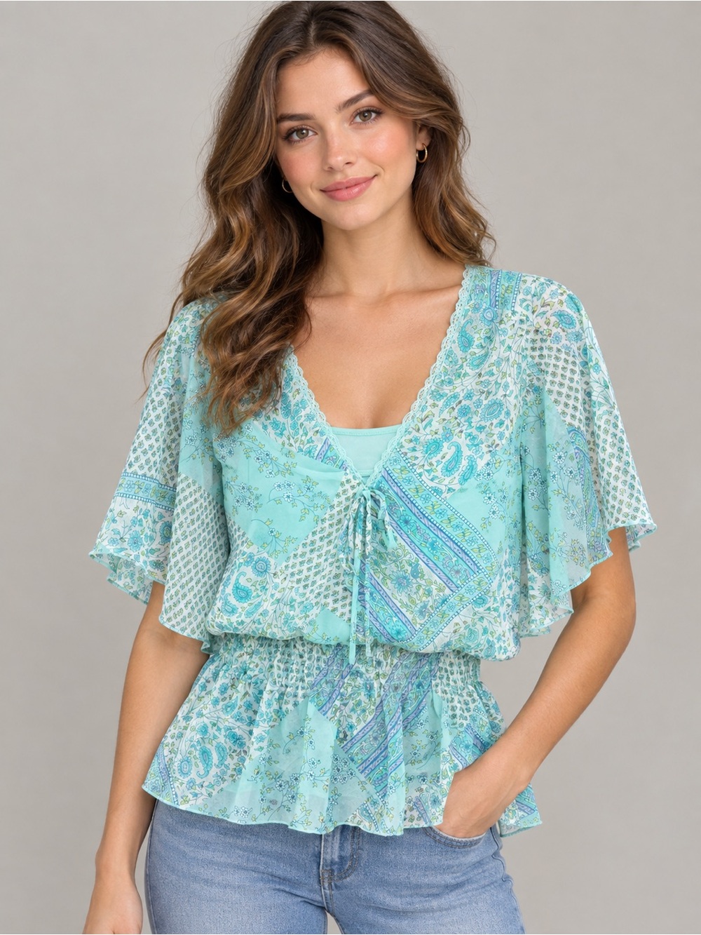 Dressbarn Floral Patchwork Tie-Front Blouse in Aqua
